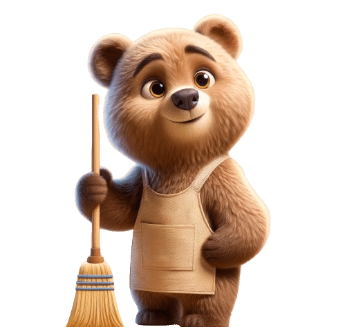 Mascotte van De Schoonmaakberen met een bezem